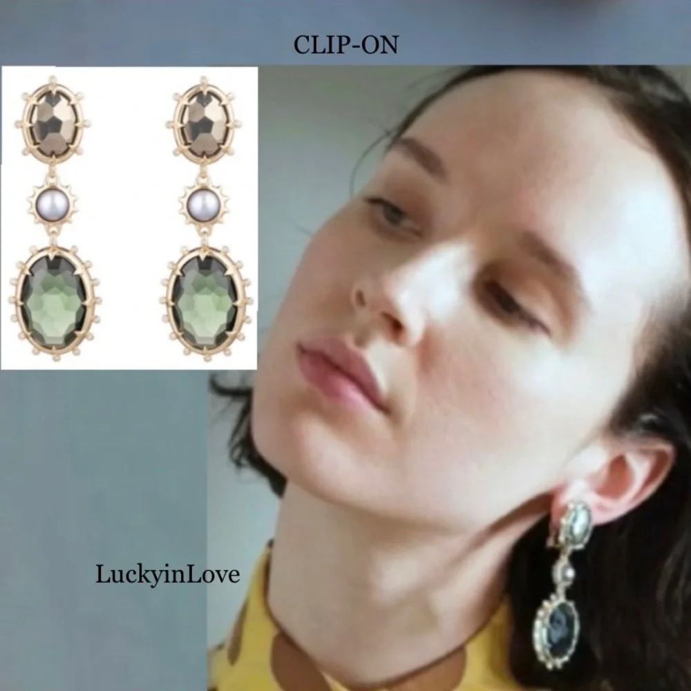 ALEXIS BITTAR • Gold Pearl Green Crystal Multi Stone Clip-on Statement Earrings